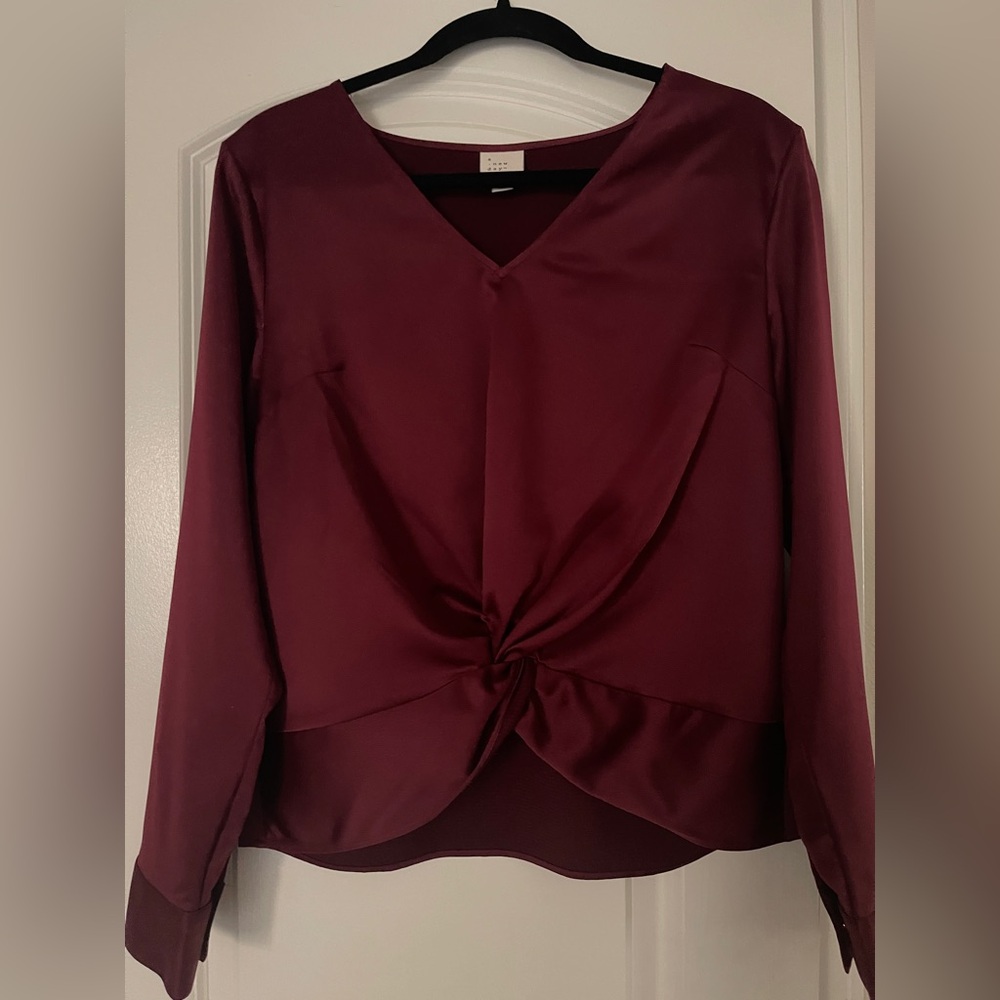 Burgundy long sleeve satin blouse with twist detail #preppy #workwear